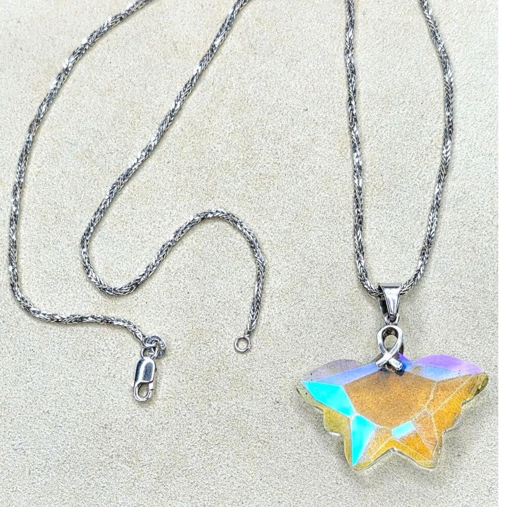 Dazzling 925 Sterling Silver Butterfly Crystal Aurora Borealis Necklace